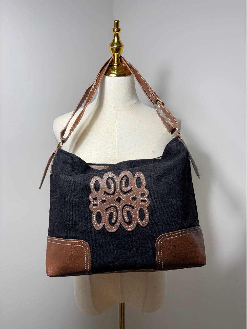 Black Suede and Brown Vegan Leather Shoulder Bag with Adjustable Strap